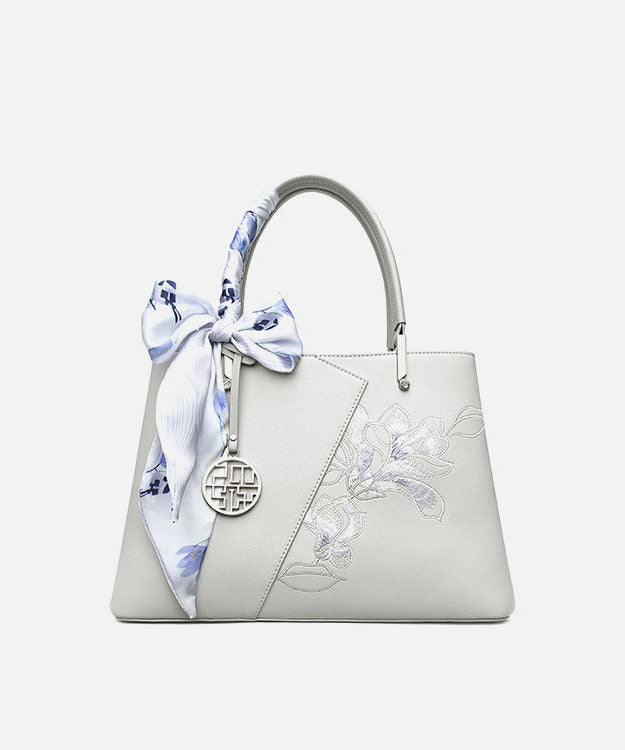Calf Embroidery Classy Leather Bag Tote Grey