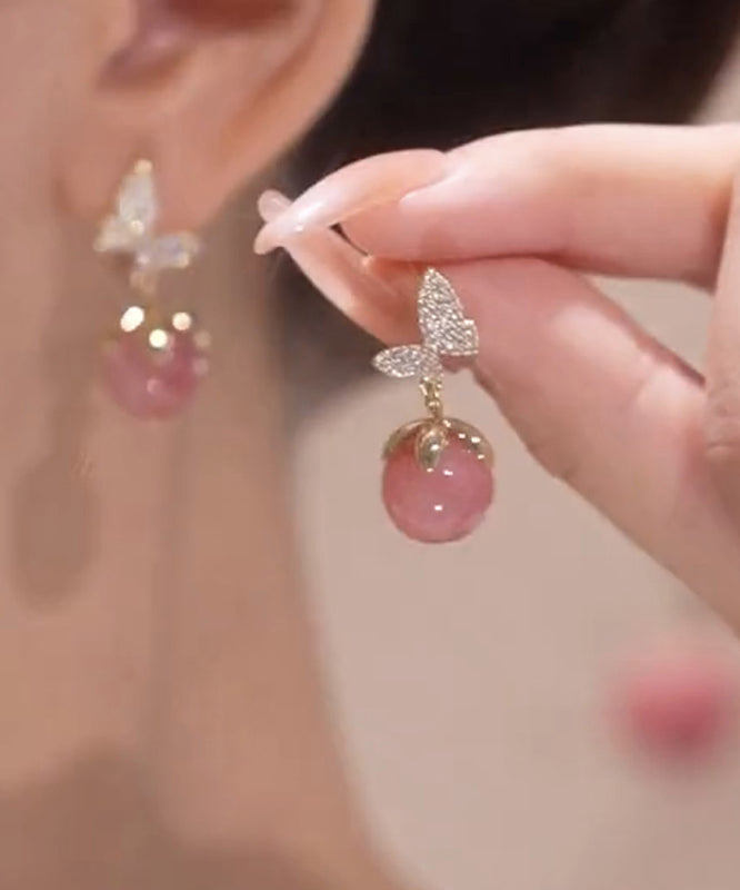 Cute Zircon Eye Pink Stone Butterfly Earrings Alloy Cat Stud
