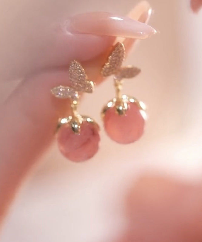 Cute Zircon Eye Pink Stone Butterfly Earrings Alloy Cat Stud