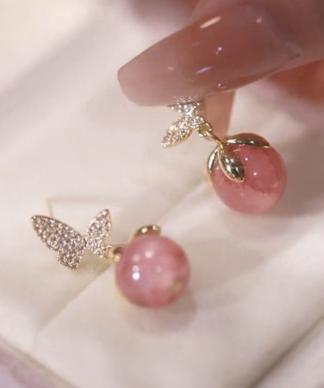 Cute Zircon Eye Pink Stone Butterfly Earrings Alloy Cat Stud