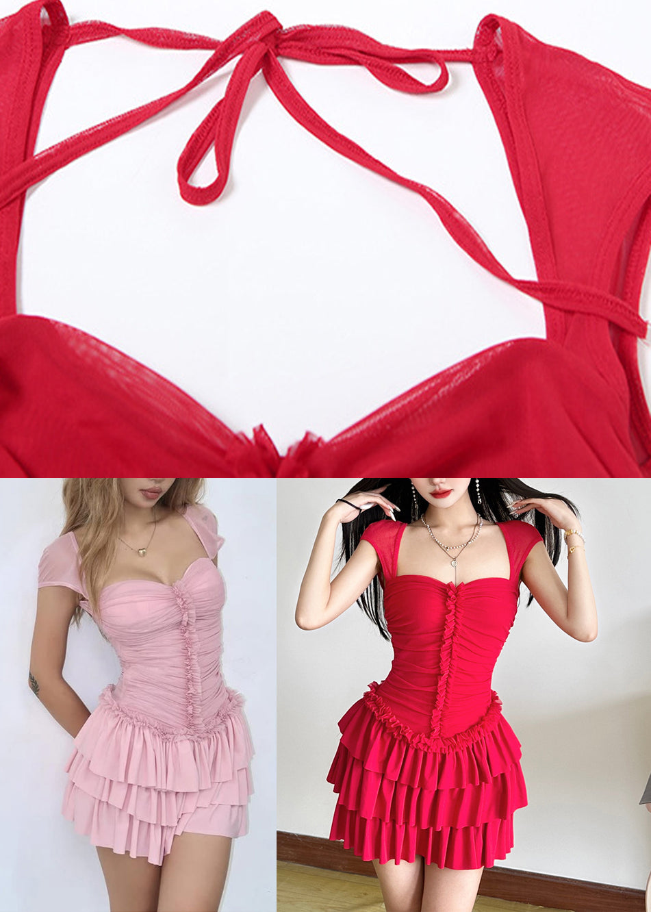 Pink Square Collar Mid Summer Cute Backless Dresses