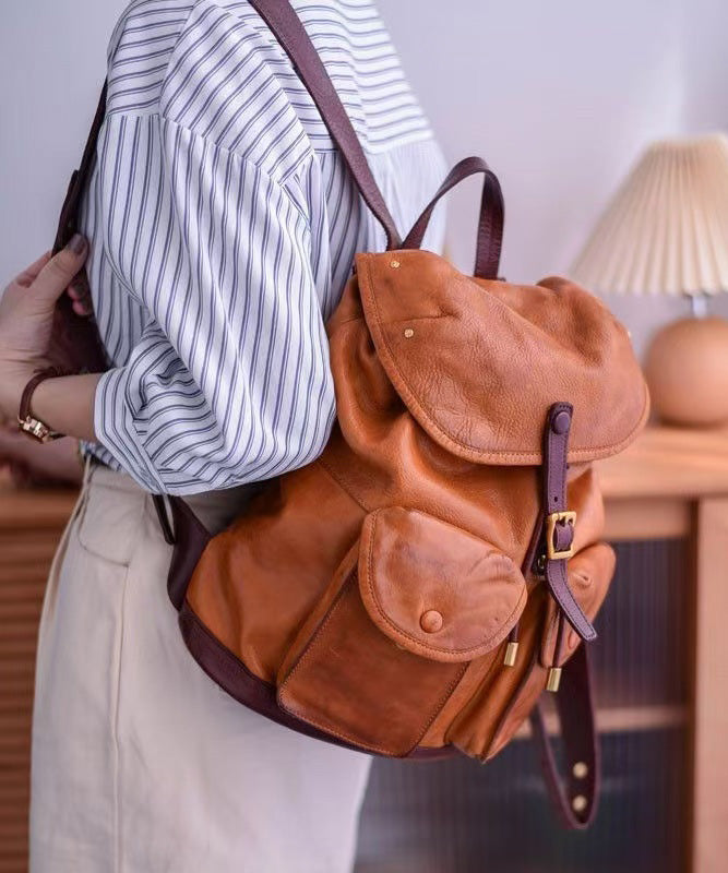 Yellow Pockets Large Capacity Backpack Leather DIY Bag