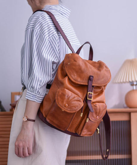 Yellow Pockets Large Capacity Backpack Leather DIY Bag