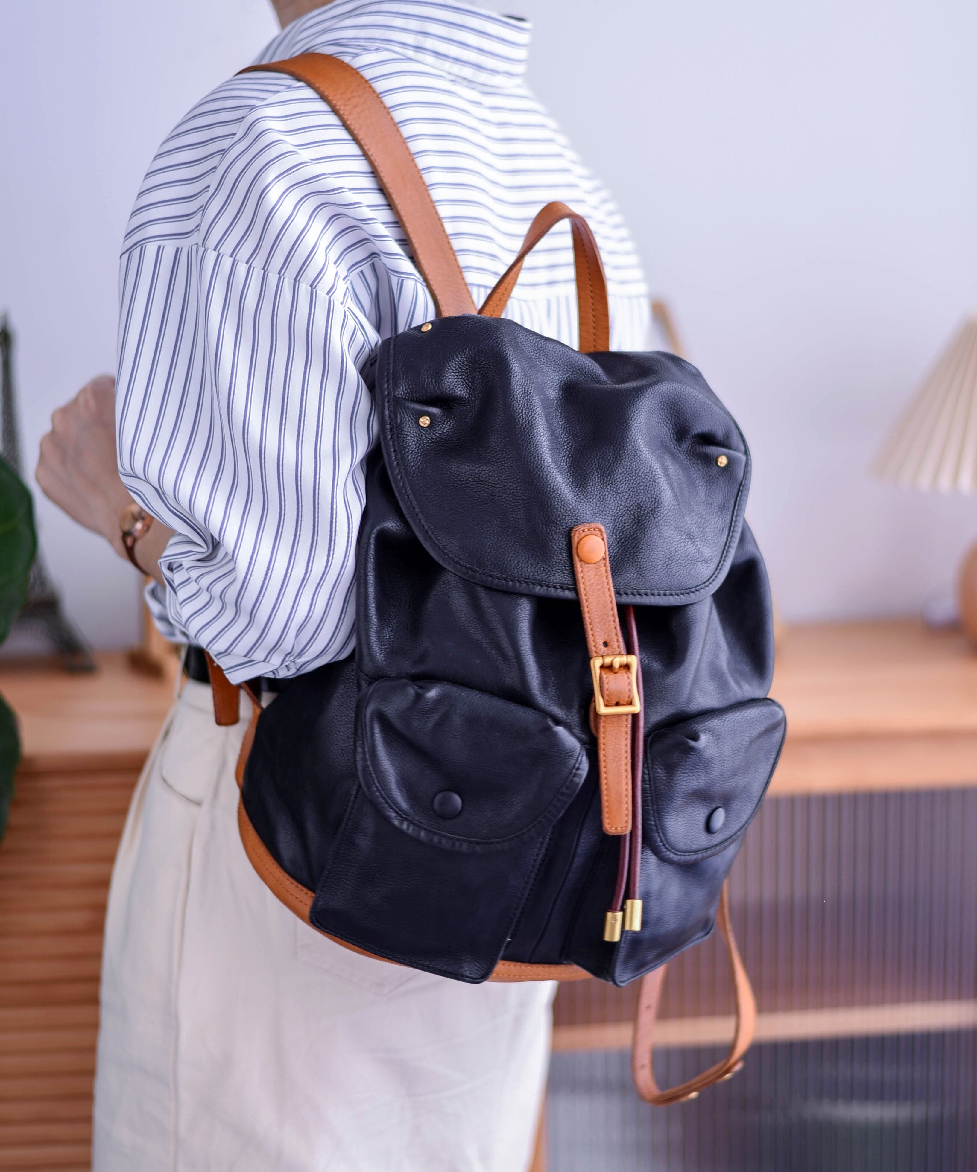 Yellow Pockets Large Capacity Backpack Leather DIY Bag