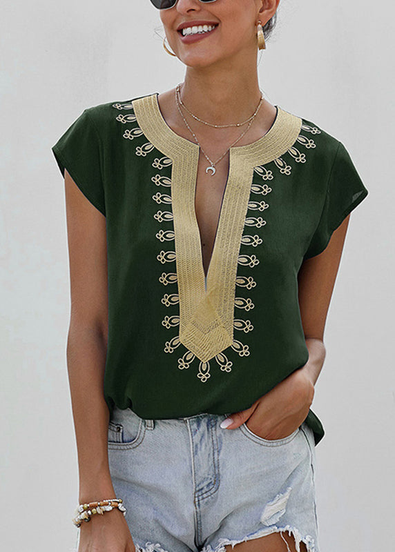 V Neck Shirts Green Summer Patchwork Elegant