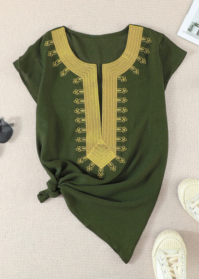 V Neck Shirts Green Summer Patchwork Elegant