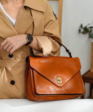 Tote Handbag Orange Durable Solid Leather Elegant