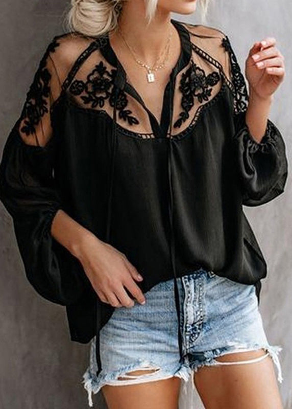 V Tops Black Sleeve Floral Neck Lantern Chiffon Fashion