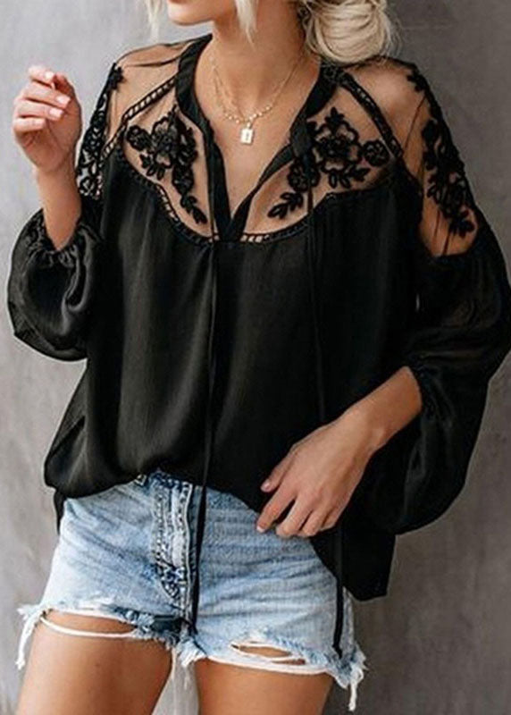 V Tops Black Sleeve Floral Neck Lantern Chiffon Fashion