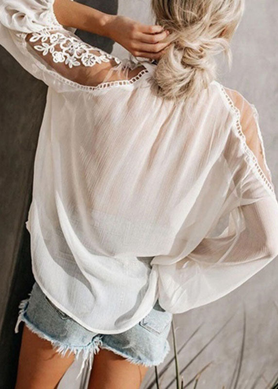 V Tops Black Sleeve Floral Neck Lantern Chiffon Fashion