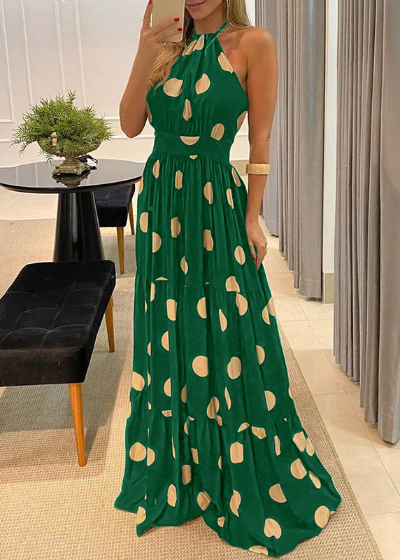 Sleeveless Fashion Green Maxi Halter Backless Dot Print Dress