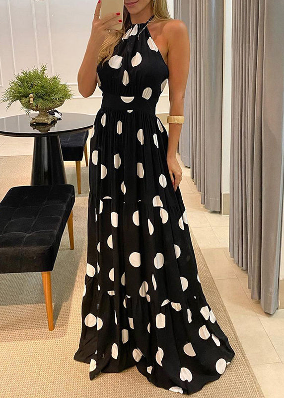 Sleeveless Fashion Green Maxi Halter Backless Dot Print Dress
