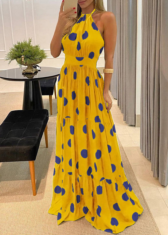 Sleeveless Fashion Green Maxi Halter Backless Dot Print Dress