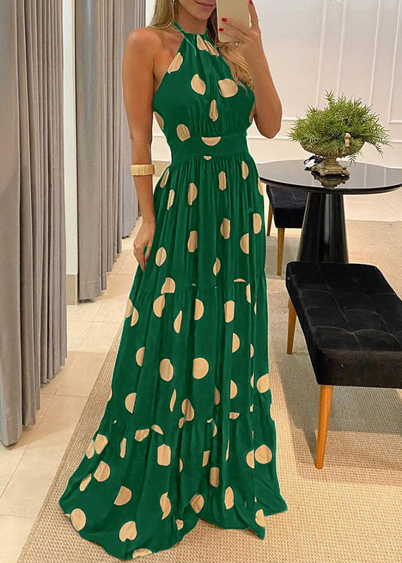 Sleeveless Fashion Green Maxi Halter Backless Dot Print Dress