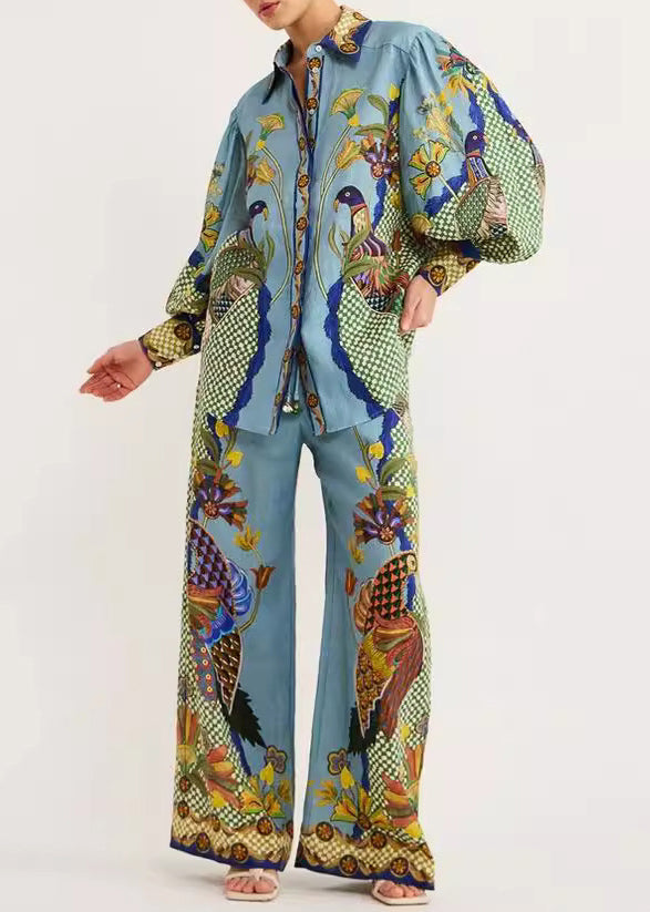 Fall Peter Fashion And Set Print Pan Leg Pants Wide Shirts Pieces Green Collar Two