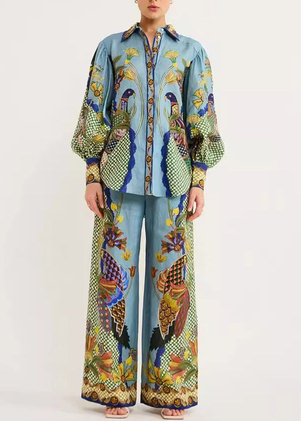 Fall Peter Fashion And Set Print Pan Leg Pants Wide Shirts Pieces Green Collar Two