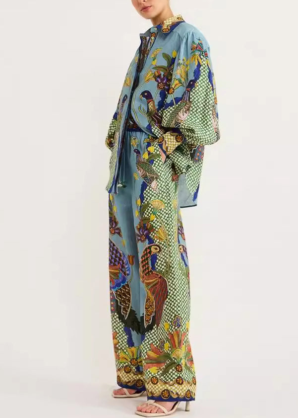 Fall Peter Fashion And Set Print Pan Leg Pants Wide Shirts Pieces Green Collar Two