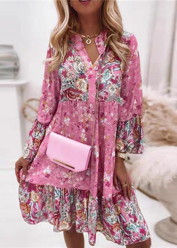 Dresses Pink Fall Neck Fashion Wrinkled Mid Print V