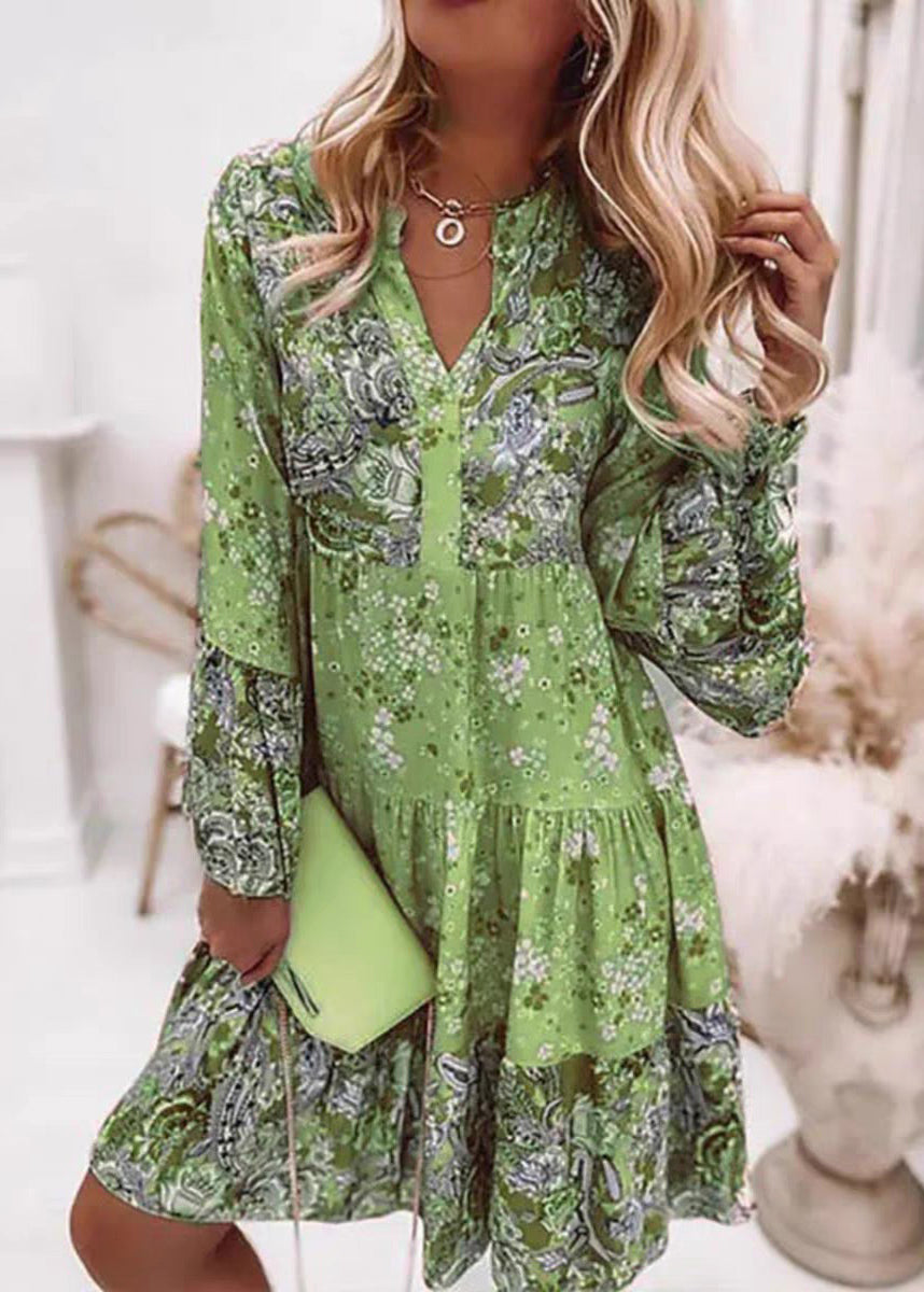 Dresses Pink Fall Neck Fashion Wrinkled Mid Print V