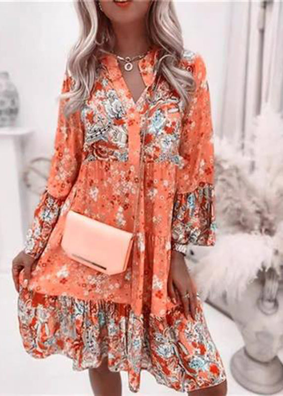 Dresses Pink Fall Neck Fashion Wrinkled Mid Print V