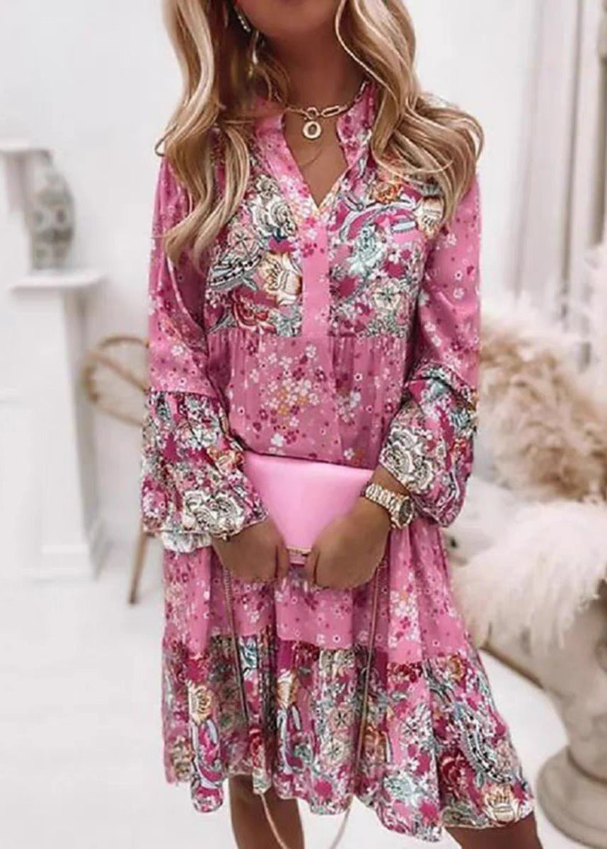 Dresses Pink Fall Neck Fashion Wrinkled Mid Print V