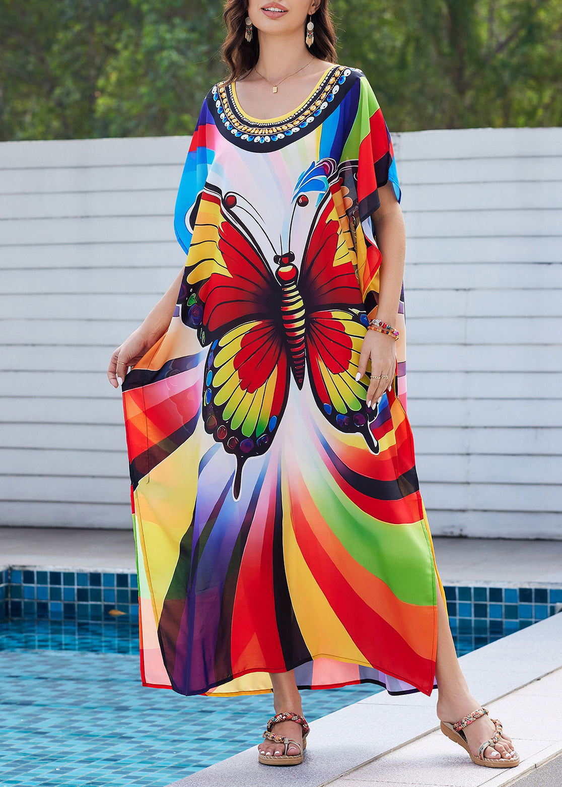 Side Dress Open Butterfly Summer Fashion Rainbow Maxi Print