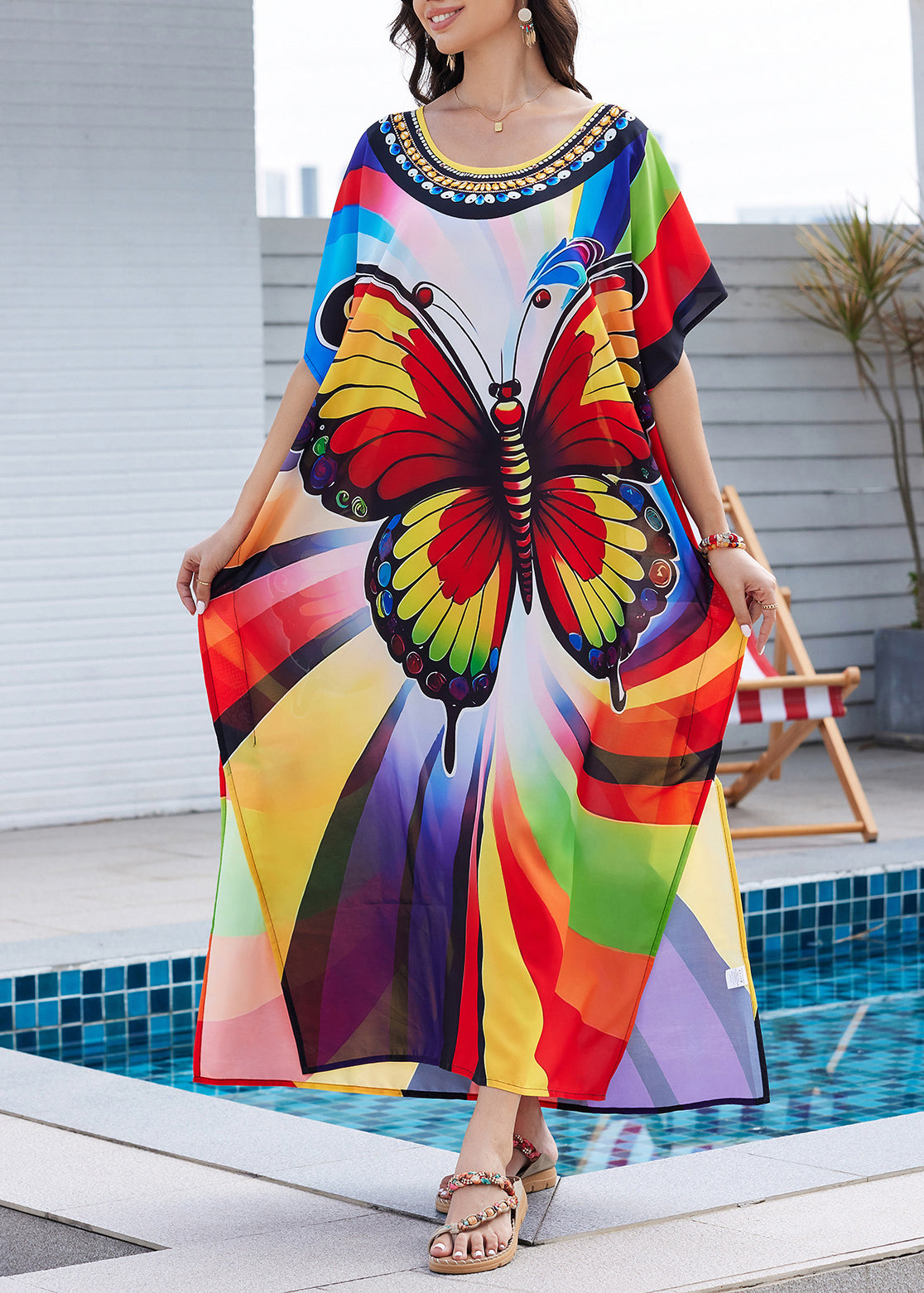 Side Dress Open Butterfly Summer Fashion Rainbow Maxi Print