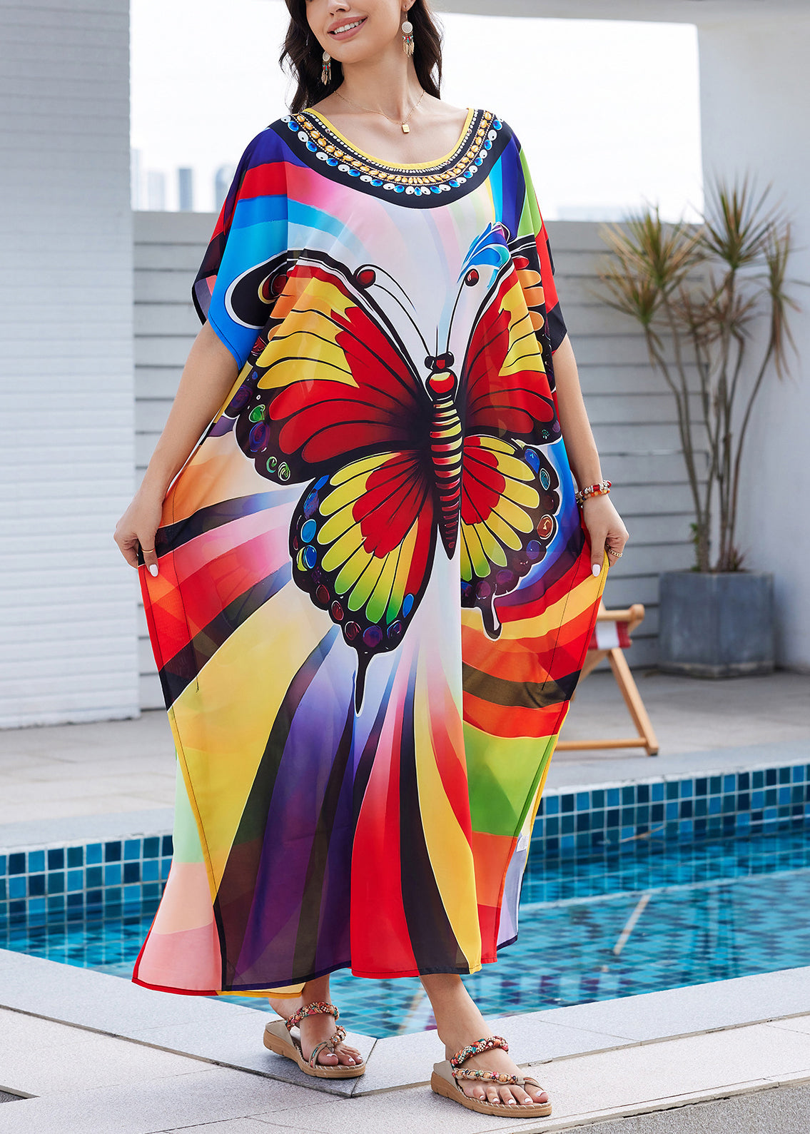 Side Dress Open Butterfly Summer Fashion Rainbow Maxi Print