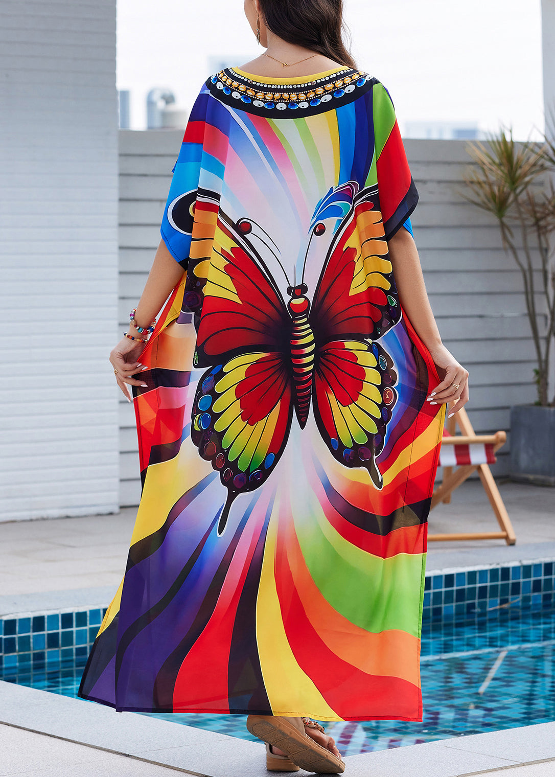Side Dress Open Butterfly Summer Fashion Rainbow Maxi Print