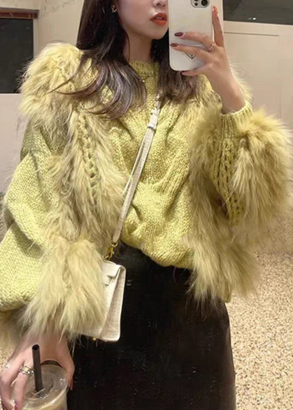 Fur Fluffy Fall Cozy Fashion Fuzzy Sweaters Cotton Yellow Knit O-Neck