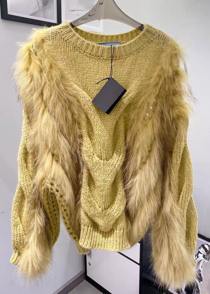 Fur Fluffy Fall Cozy Fashion Fuzzy Sweaters Cotton Yellow Knit O-Neck