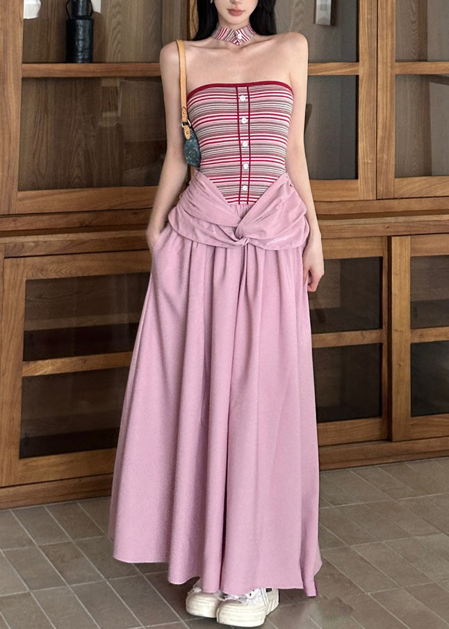 Long Fake Pink Pieces Two Fine Patchwork Striped Summer Dress