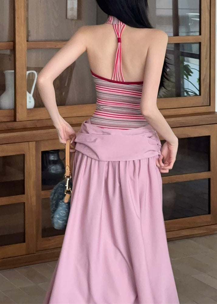 Long Fake Pink Pieces Two Fine Patchwork Striped Summer Dress