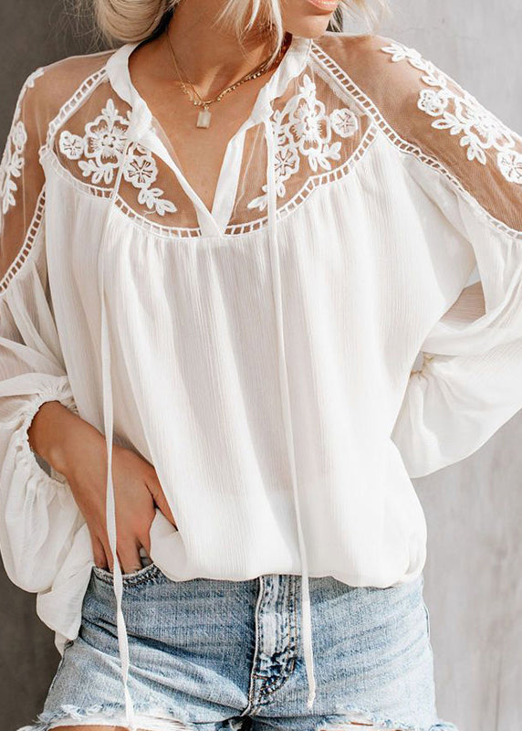Lace Neck White V Patchwork Fall Fine Shirt