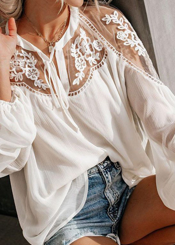 Lace Neck White V Patchwork Fall Fine Shirt