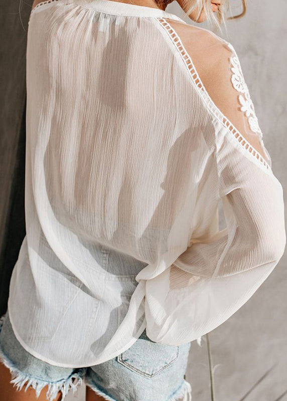 Lace Neck White V Patchwork Fall Fine Shirt