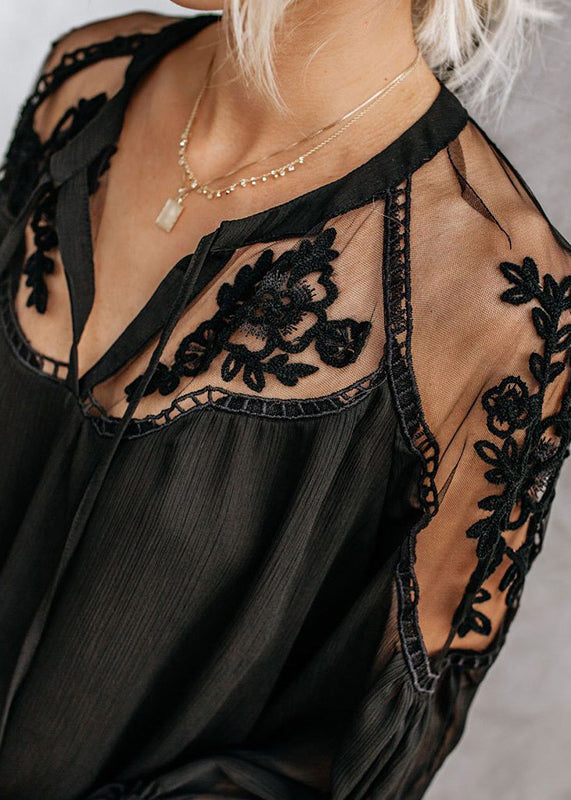 Lace Neck White V Patchwork Fall Fine Shirt