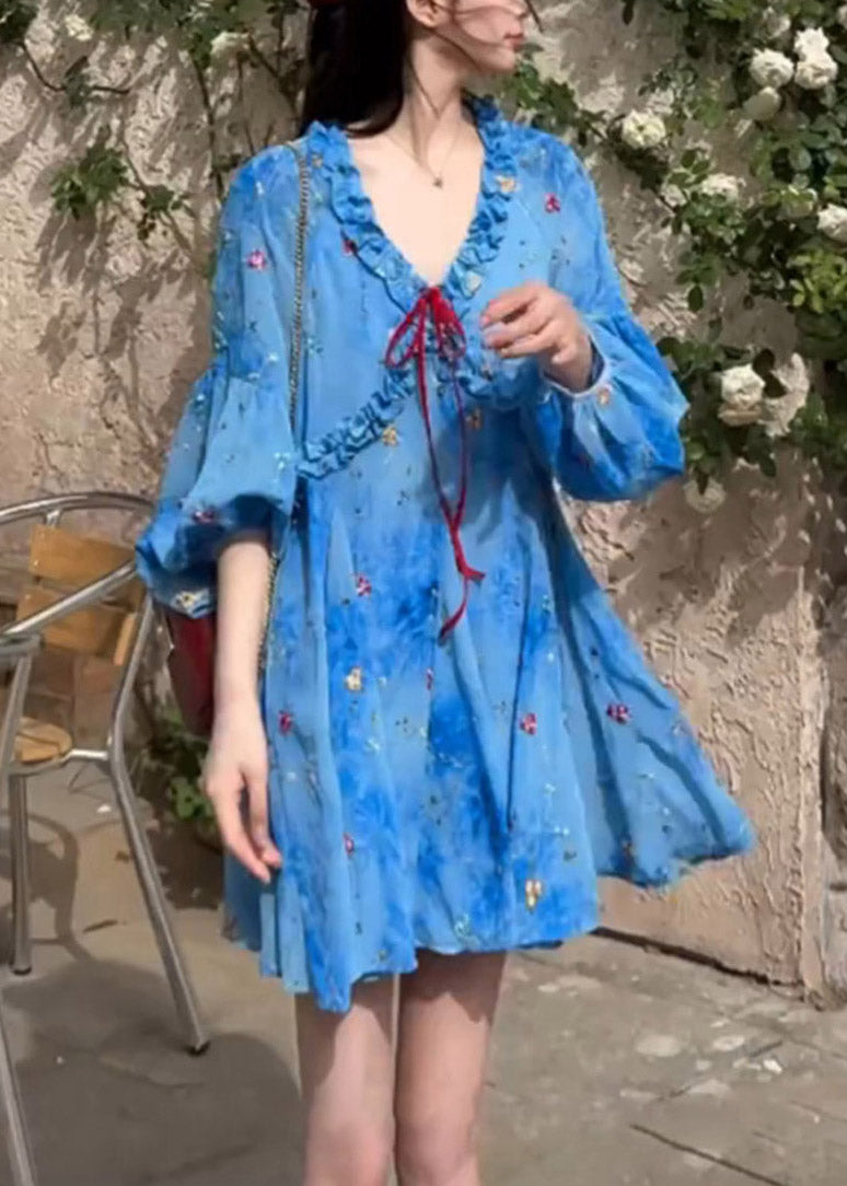 Ruffled Puff Chiffon Print Sleeve Dresses Blue French