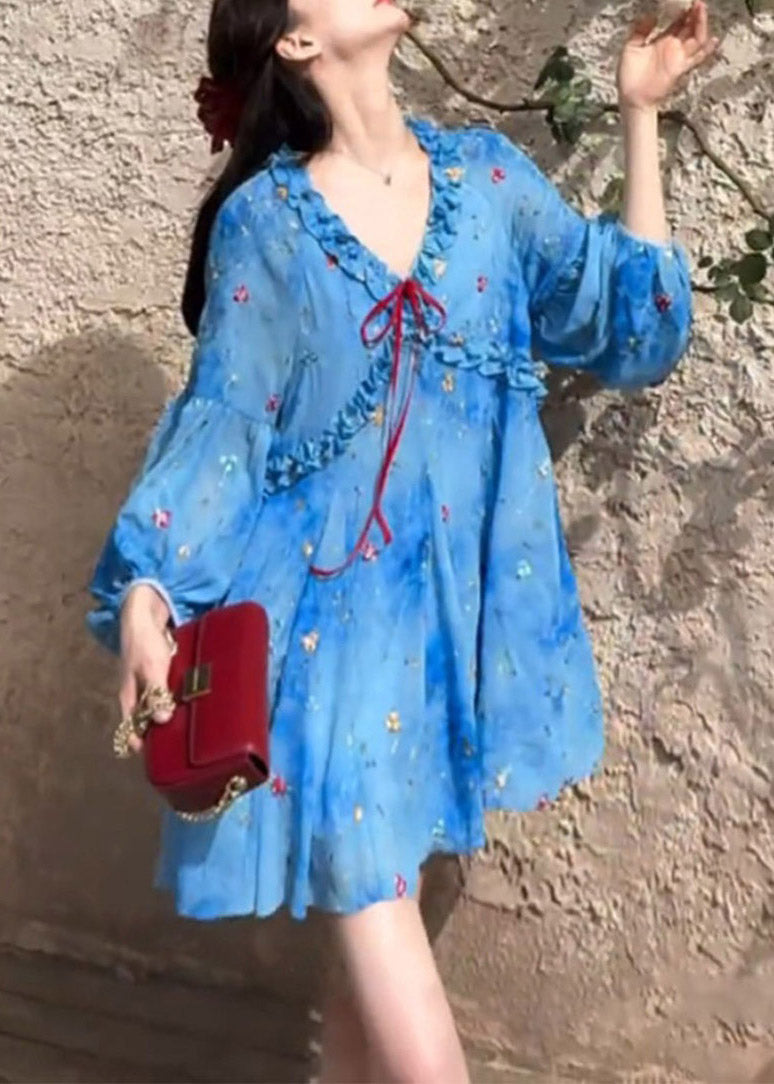Ruffled Puff Chiffon Print Sleeve Dresses Blue French