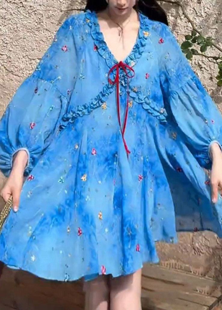 Ruffled Puff Chiffon Print Sleeve Dresses Blue French