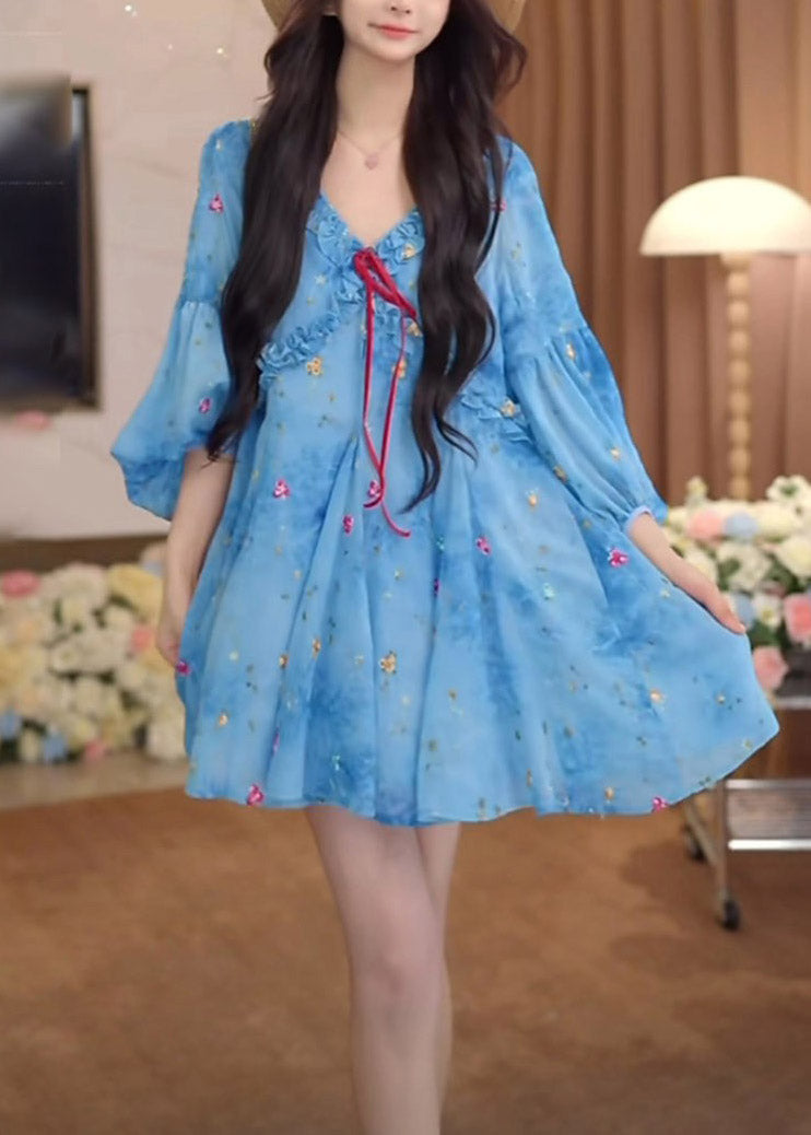 Ruffled Puff Chiffon Print Sleeve Dresses Blue French