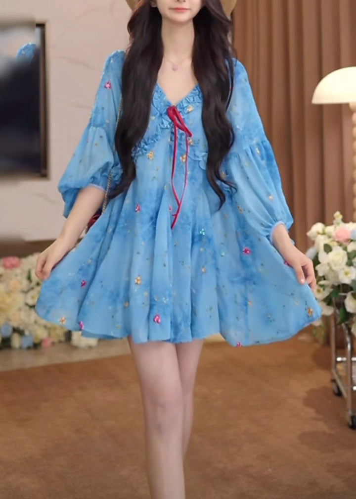 Ruffled Puff Chiffon Print Sleeve Dresses Blue French