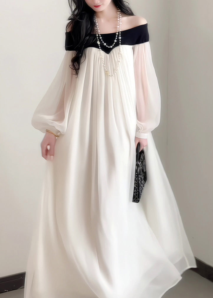 Lantern Chiffon Sleeves Neck Dress Elegant Slash French