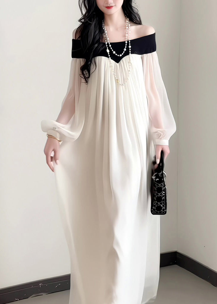 Lantern Chiffon Sleeves Neck Dress Elegant Slash French
