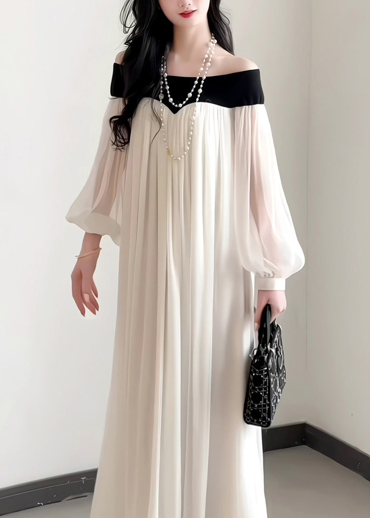 Lantern Chiffon Sleeves Neck Dress Elegant Slash French