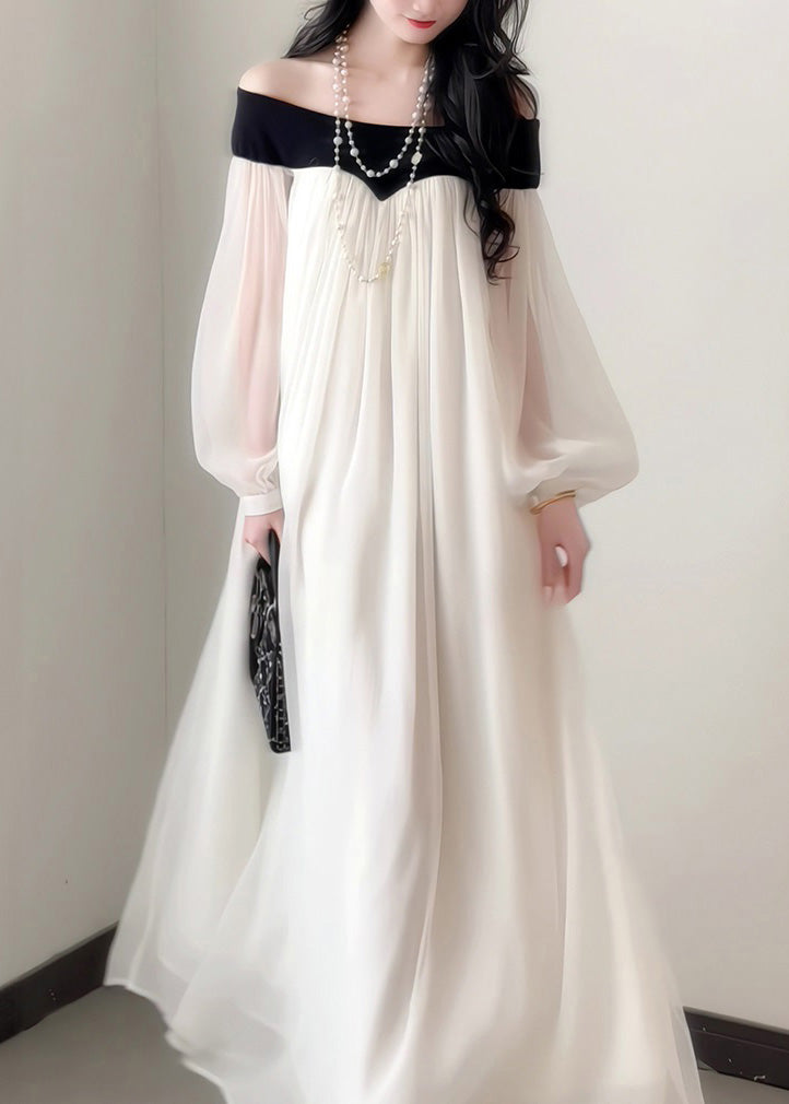 Lantern Chiffon Sleeves Neck Dress Elegant Slash French