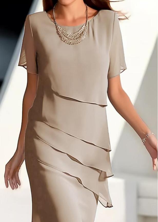 Short French Maxi Khaki Chiffon O-Neck Solid Dresses Layered