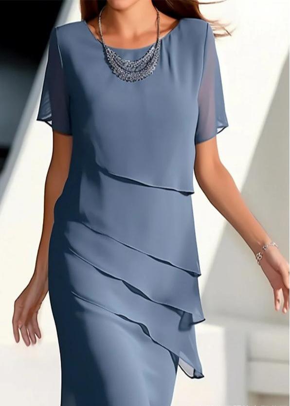 Short French Maxi Khaki Chiffon O-Neck Solid Dresses Layered