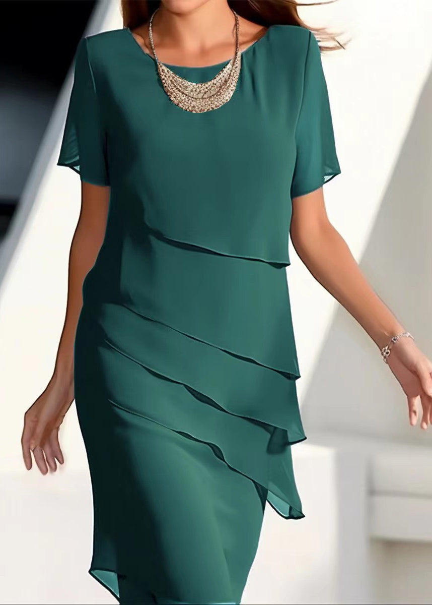 Short French Maxi Khaki Chiffon O-Neck Solid Dresses Layered