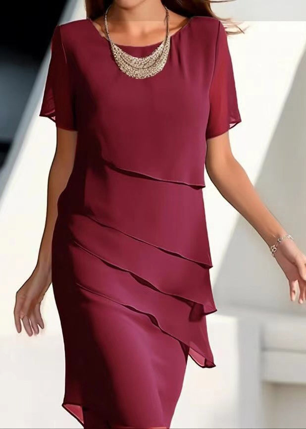 Short French Maxi Khaki Chiffon O-Neck Solid Dresses Layered